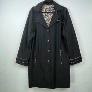 Chico's 4 (US 20/22) Black Leopard Lined Hooded Coat Jacket‎ Missing Belt/Loops